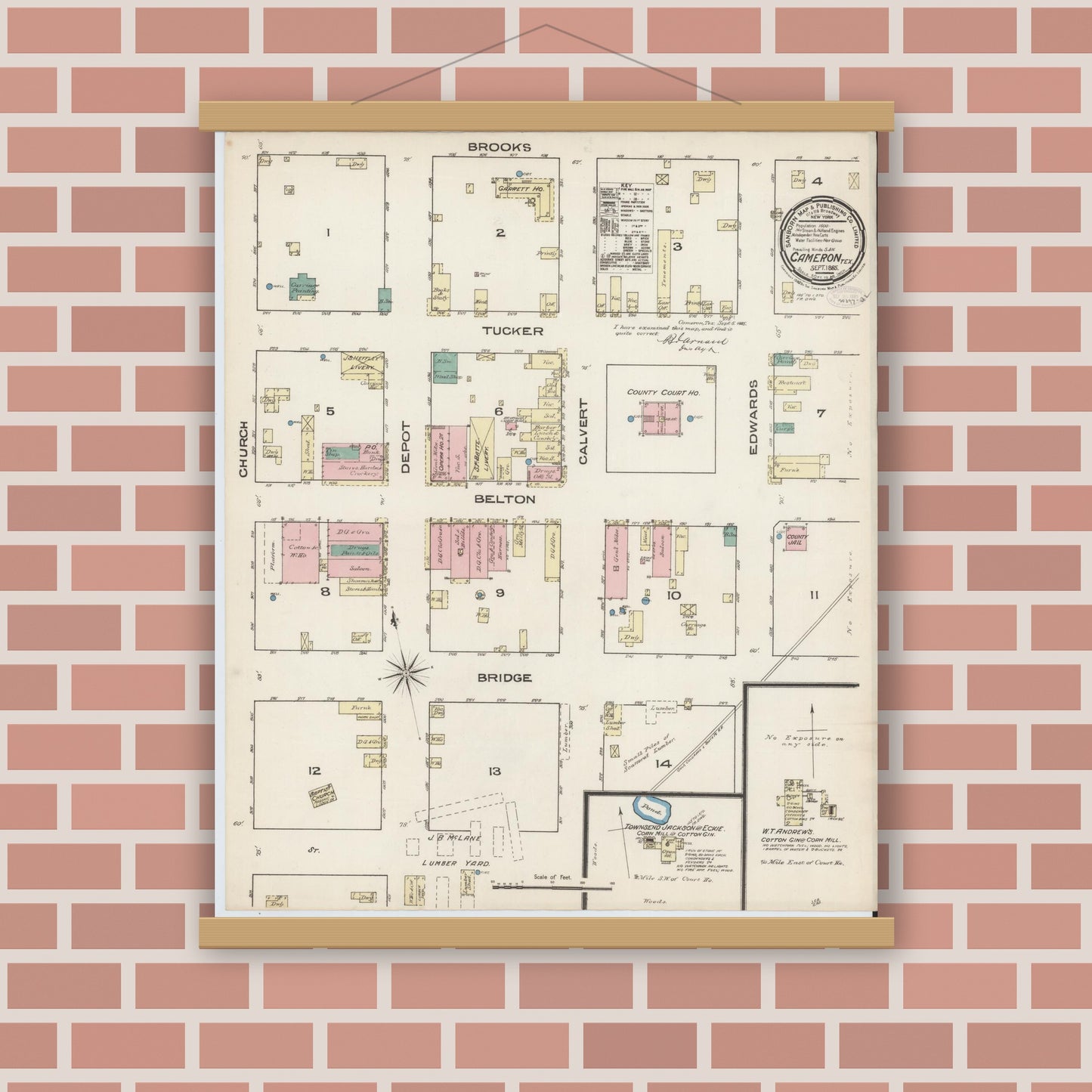 Old map wall art mockup — magnetic wood frame on brick wall — Sanborn Fire Insurance Map from Cameron, Milam County, Texas (1885), Sheet #0001