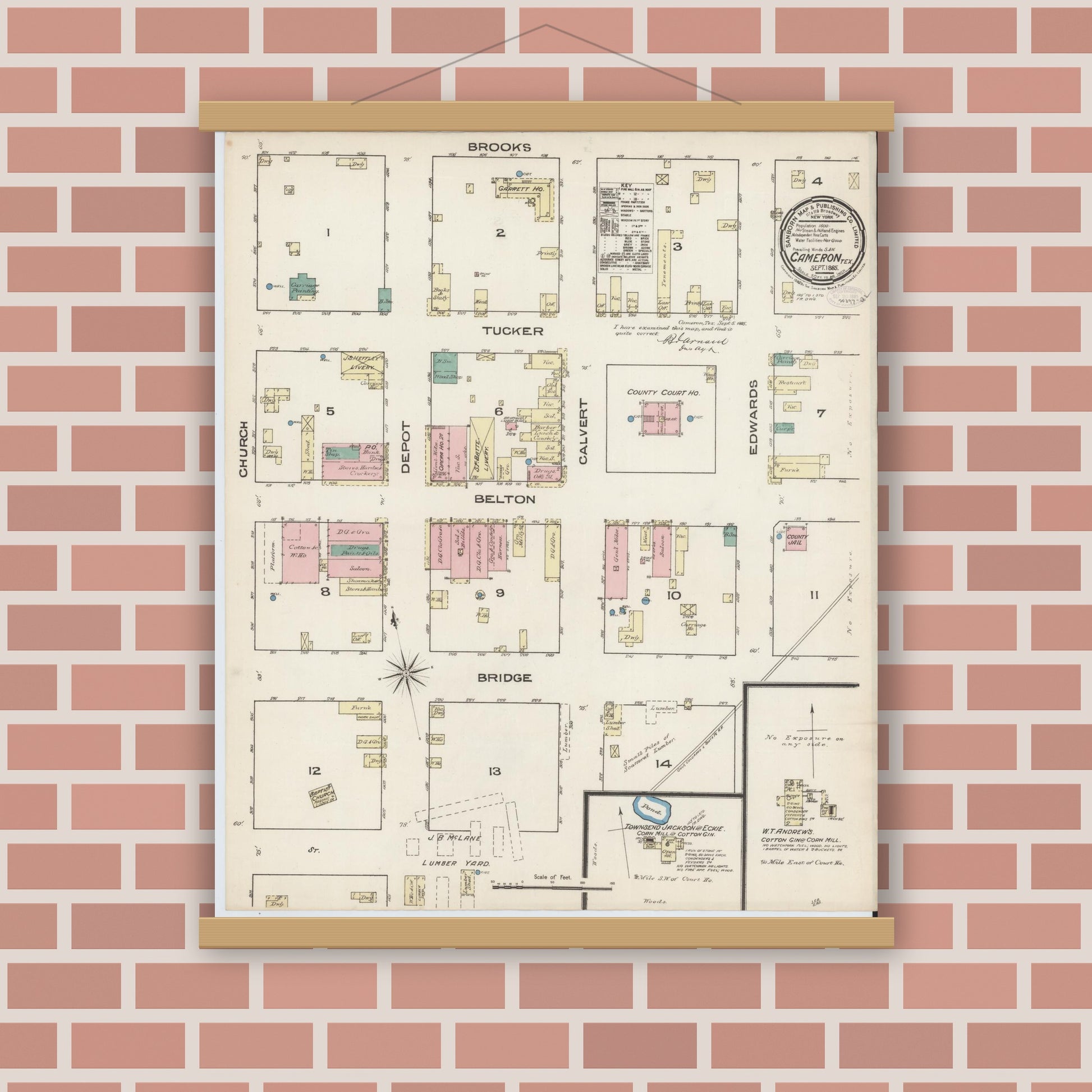 Old map wall art mockup — magnetic wood frame on brick wall — Sanborn Fire Insurance Map from Cameron, Milam County, Texas (1885), Sheet #0001