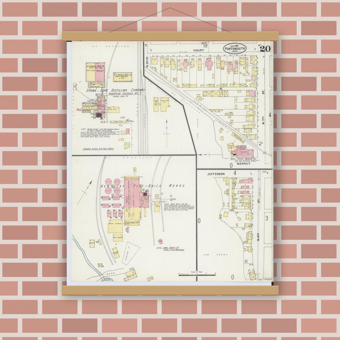 Old map wall art mockup — magnetic wood frame on brick wall — Sanborn Fire Insurance Map from Portsmouth, Scioto County, Ohio (1897), Sheet #0020