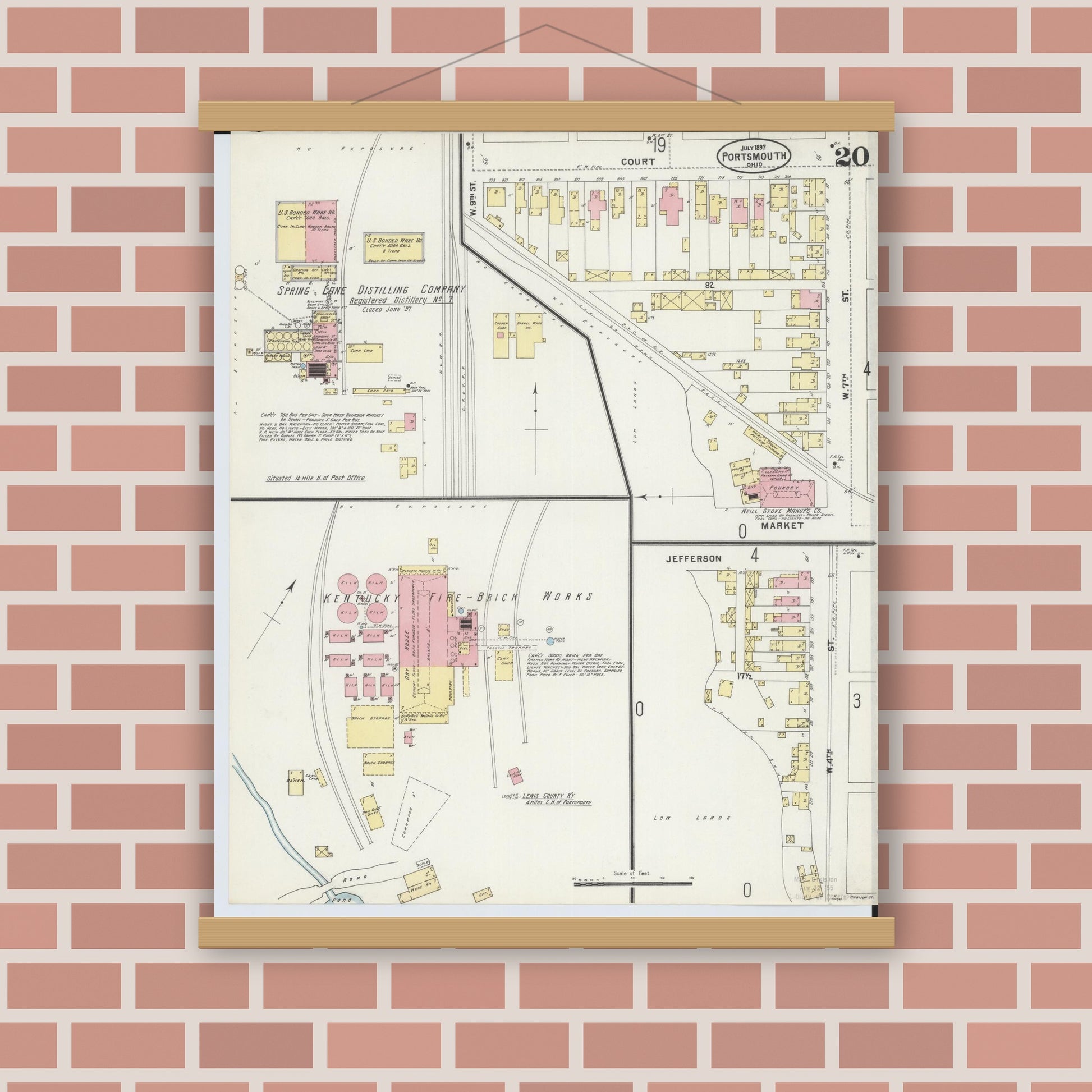 Old map wall art mockup — magnetic wood frame on brick wall — Sanborn Fire Insurance Map from Portsmouth, Scioto County, Ohio (1897), Sheet #0020