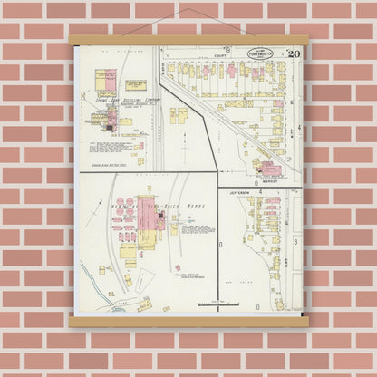 Old map wall art mockup — magnetic wood frame on brick wall — Sanborn Fire Insurance Map from Portsmouth, Scioto County, Ohio (1897), Sheet #0020