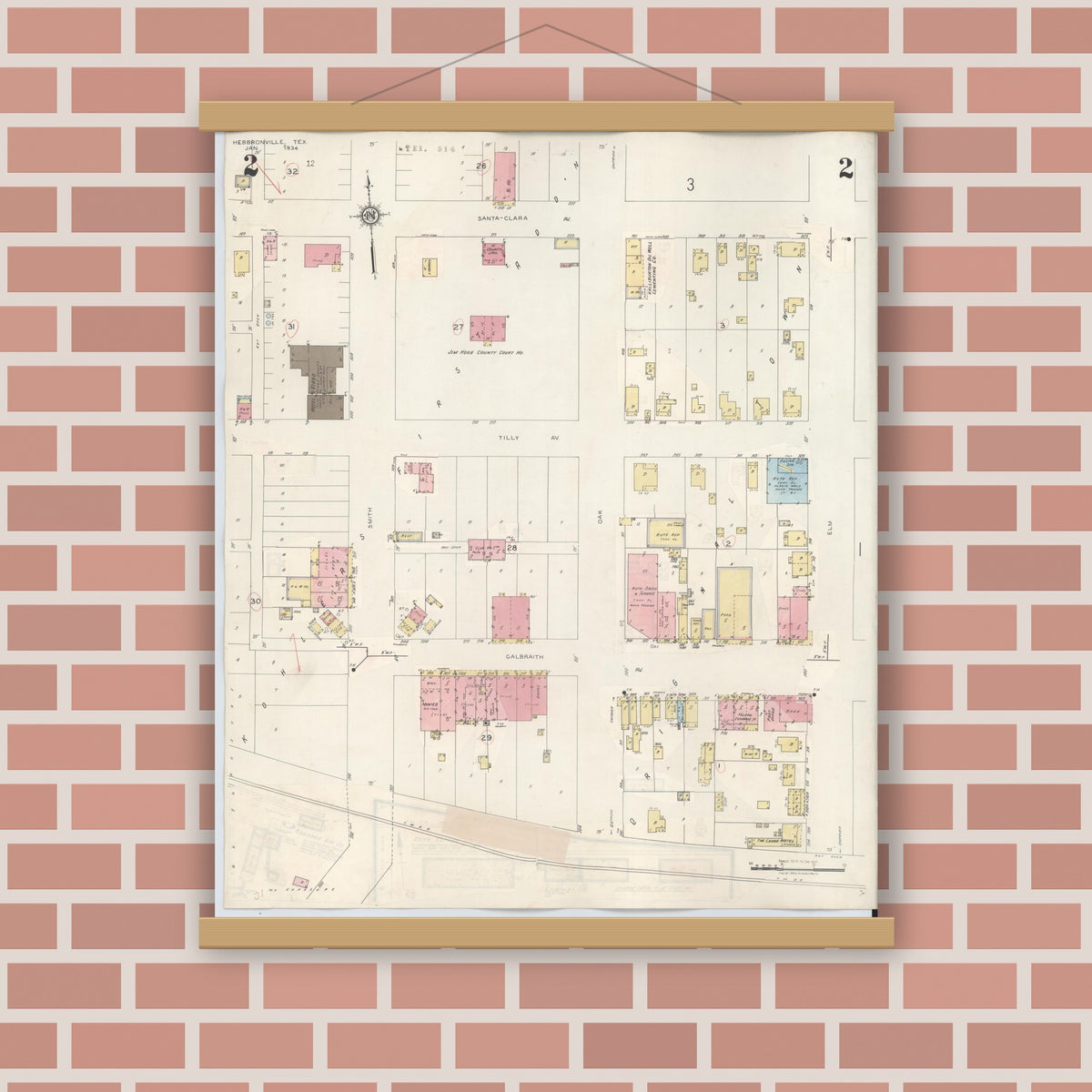 Old map wall art mockup — magnetic wood frame on brick wall — Sanborn Fire Insurance Map from Hebbronville, Jim Hogg County, Texas (1943), Sheet #0002