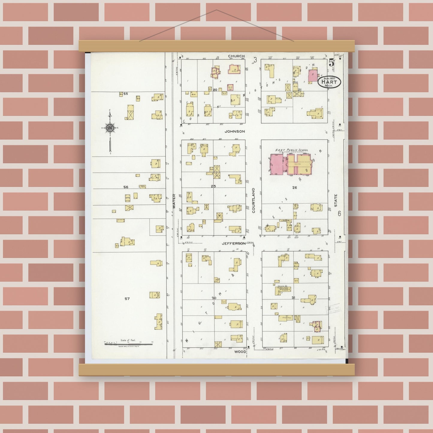 Old map wall art mockup — magnetic wood frame on brick wall — Sanborn Fire Insurance Map from Hart, Oceana County, Michigan (1920), Sheet #0005