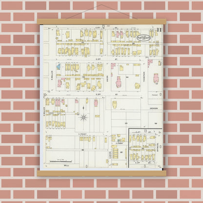 Old map wall art mockup — magnetic wood frame on brick wall — Sanborn Fire Insurance Map from Portsmouth, Scioto County, Ohio (1897), Sheet #0011