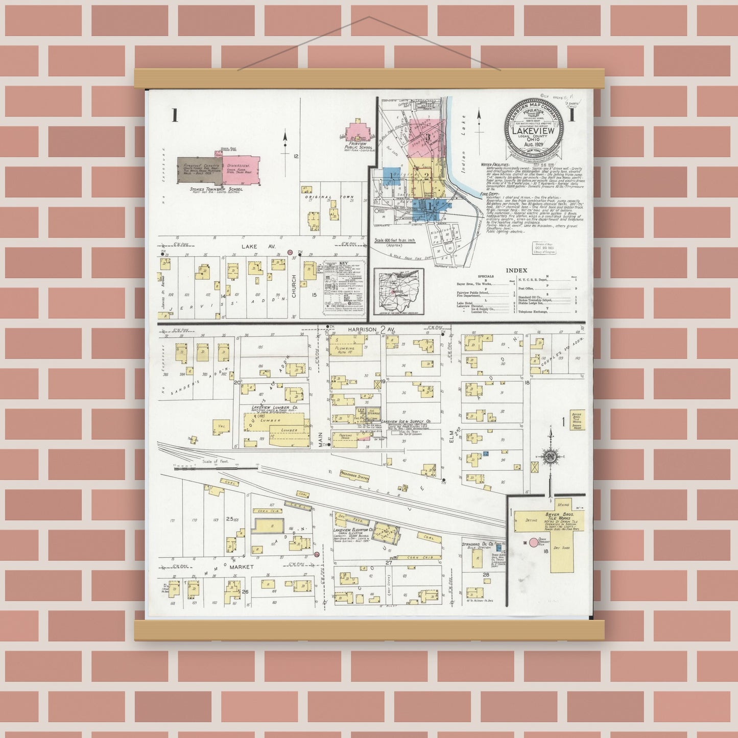Old map wall art mockup — magnetic wood frame on brick wall — Sanborn Fire Insurance Map from Lakeview, Logan County, Ohio (1929) - Complete Map Set