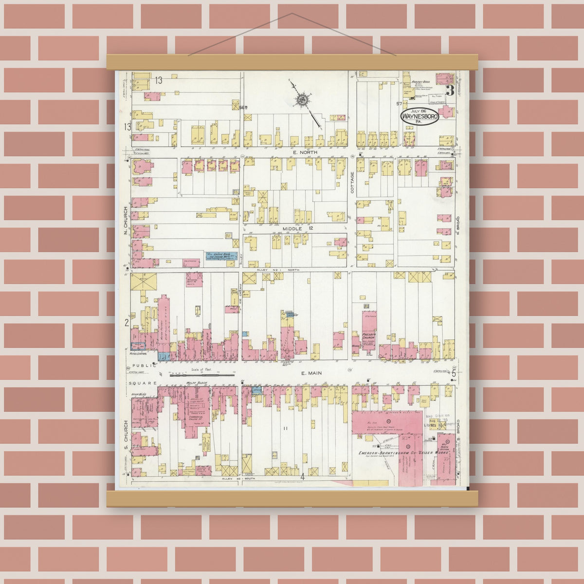Old map wall art mockup — magnetic wood frame on brick wall — Sanborn Fire Insurance Map from Waynesboro, Franklin County, Pennsylvania (1916), Sheet #0003