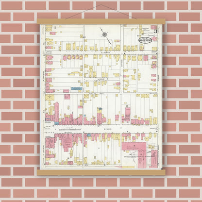 Old map wall art mockup — magnetic wood frame on brick wall — Sanborn Fire Insurance Map from Waynesboro, Franklin County, Pennsylvania (1916), Sheet #0003