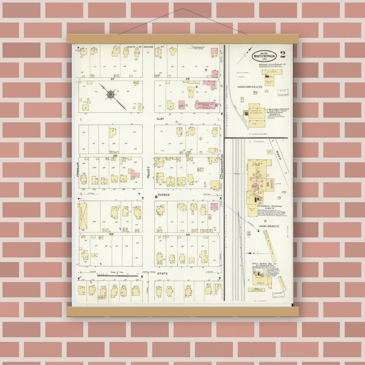 Old map wall art mockup — magnetic wood frame on brick wall — Sanborn Fire Insurance Map from North Vernon, Jennings County, Indiana (1911), Sheet #0002