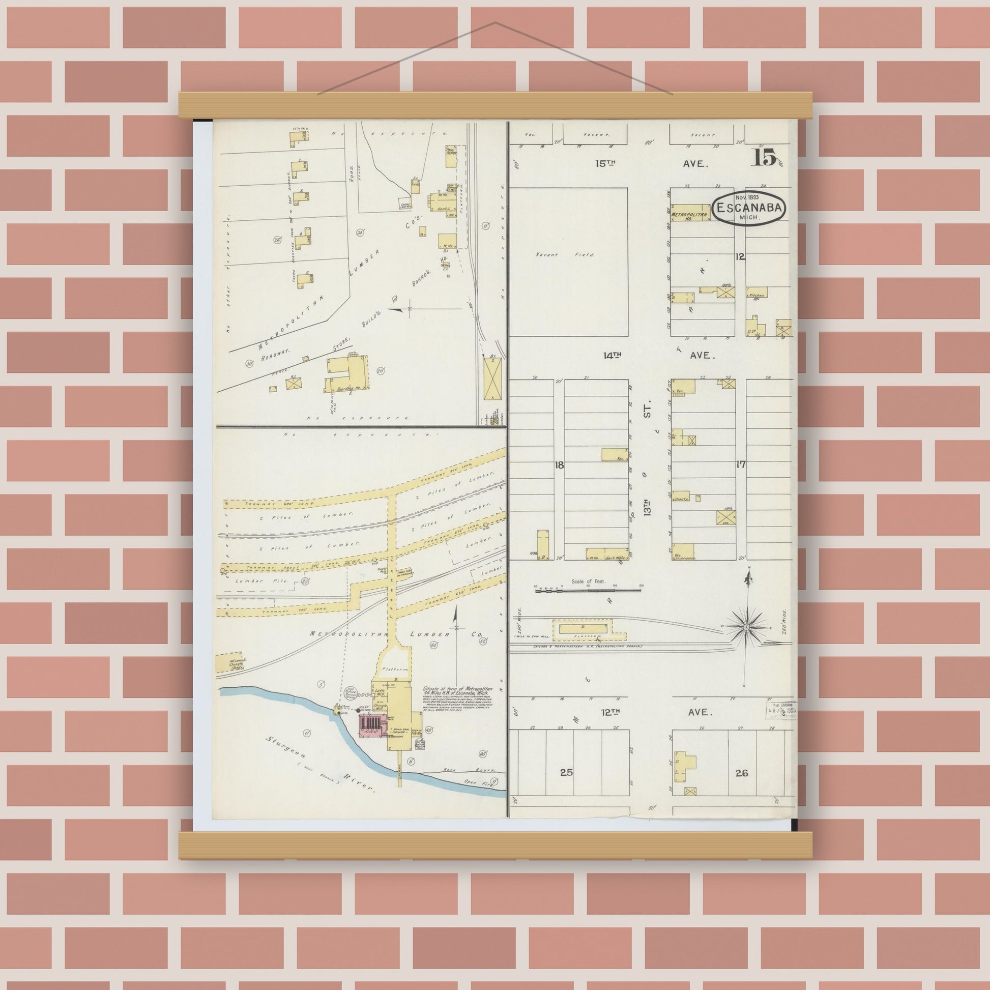 Old map wall art mockup — magnetic wood frame on brick wall — Sanborn Fire Insurance Map from Escanaba, Delta County, Michigan (1893), Sheet #0015