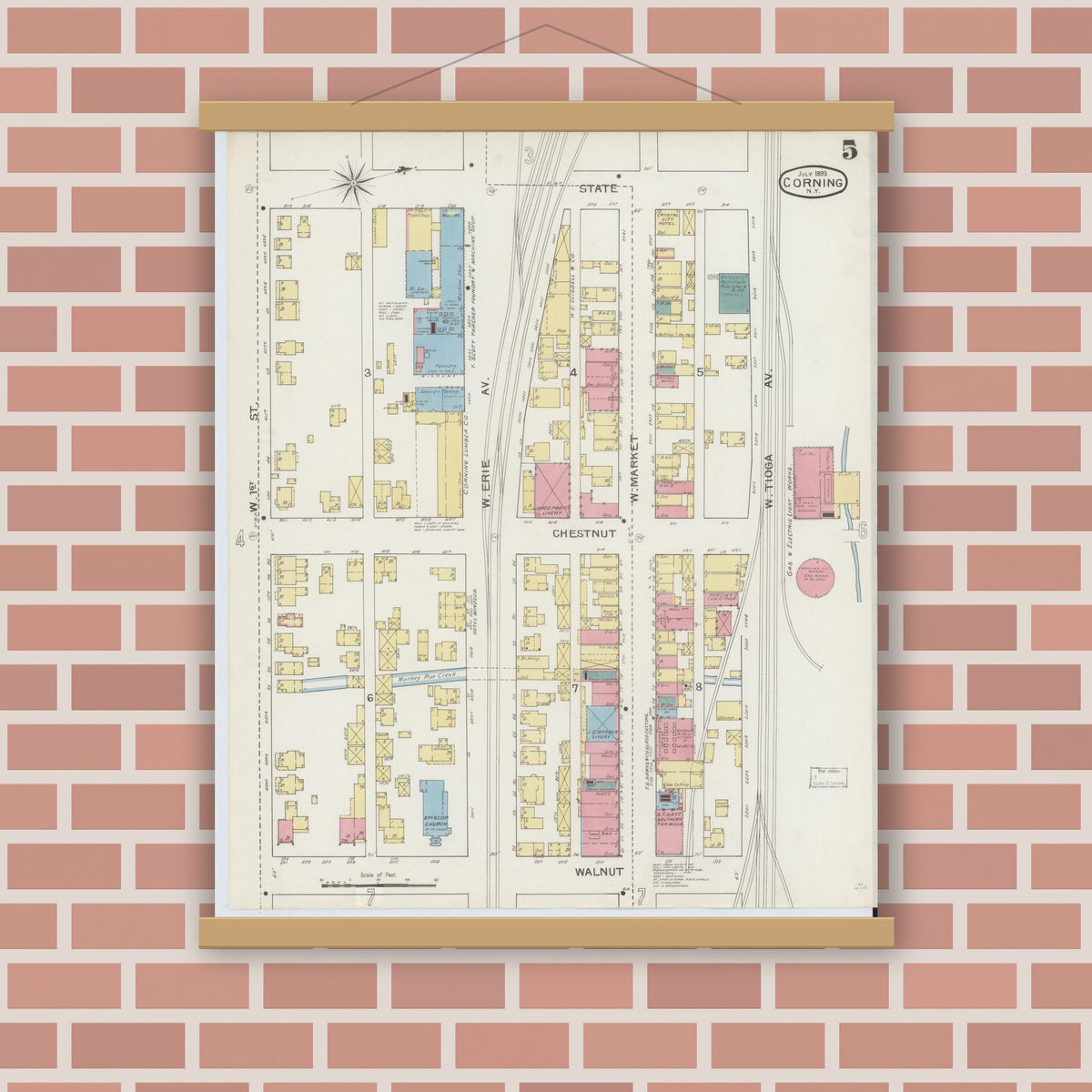 Old map wall art mockup — magnetic wood frame on brick wall — Sanborn Fire Insurance Map from Corning, Steuben County, New York (1893), Sheet #0005