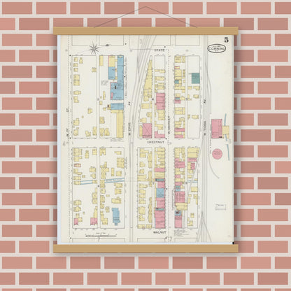 Old map wall art mockup — magnetic wood frame on brick wall — Sanborn Fire Insurance Map from Corning, Steuben County, New York (1893), Sheet #0005