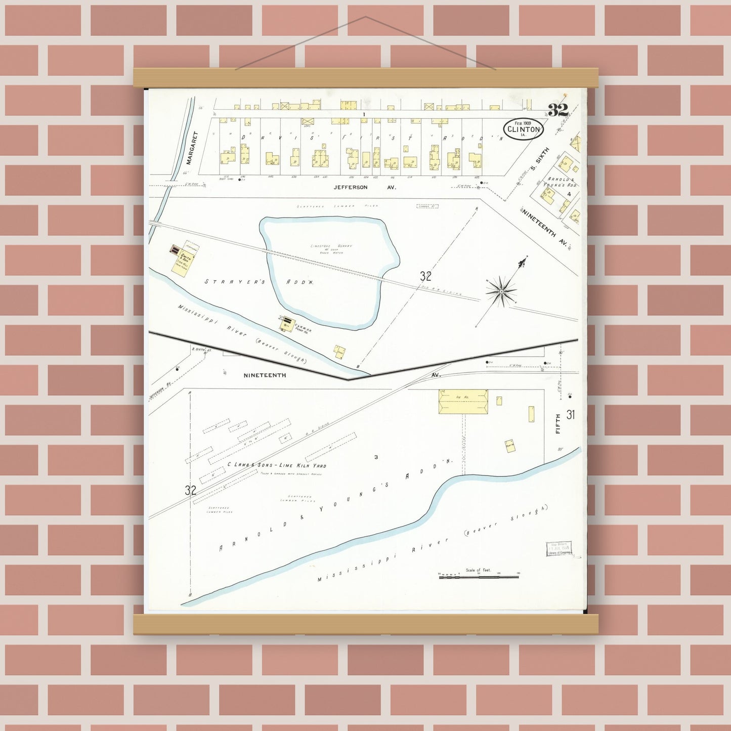 Old map wall art mockup — magnetic wood frame on brick wall — Sanborn Fire Insurance Map from Clinton, Clinton County, Iowa (1909), Sheet #0032