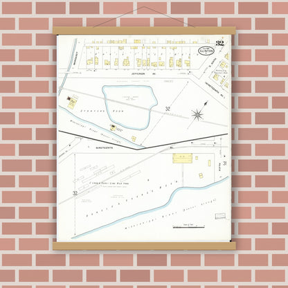 Old map wall art mockup — magnetic wood frame on brick wall — Sanborn Fire Insurance Map from Clinton, Clinton County, Iowa (1909), Sheet #0032