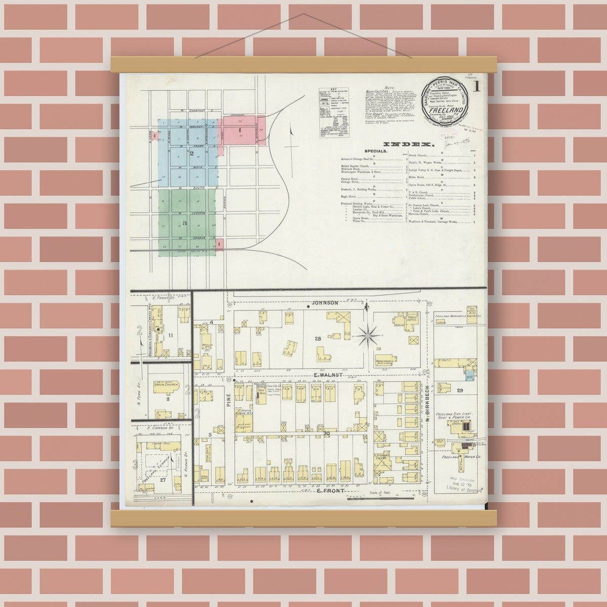 Old map wall art mockup — magnetic wood frame on brick wall — Sanborn Fire Insurance Map from Freeland, Luzerne County, Pennsylvania (1895) - Complete Map Set