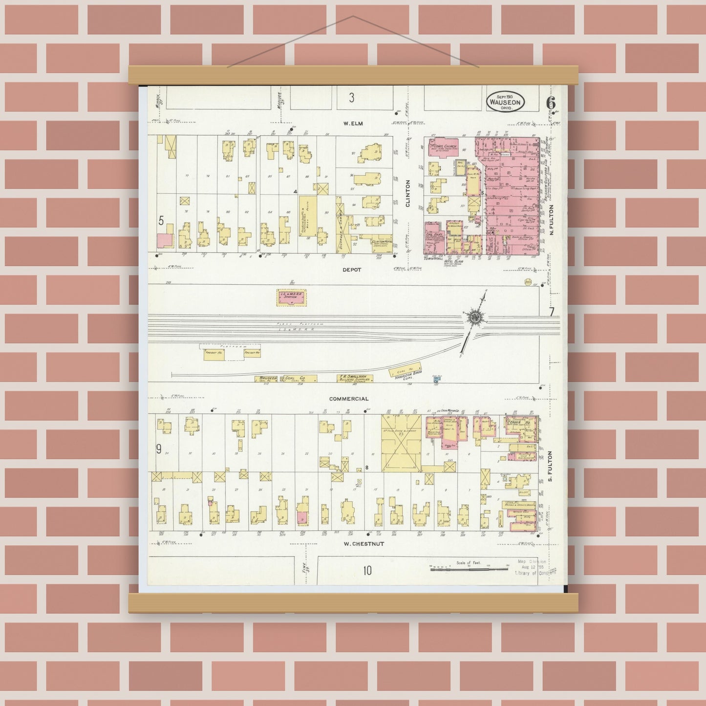 Old map wall art mockup — magnetic wood frame on brick wall — Sanborn Fire Insurance Map from Wauseon, Fulton County, Ohio (1910), Sheet #0006