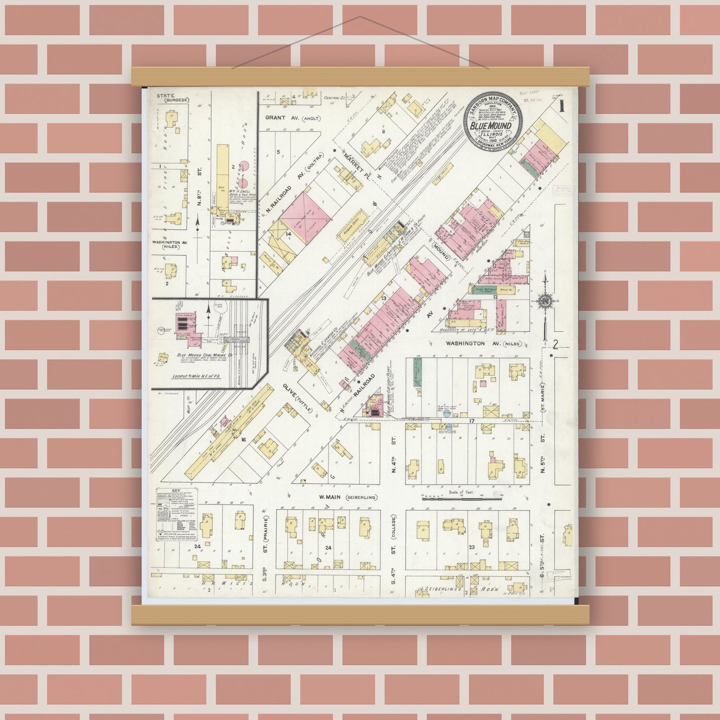 Old map wall art mockup — magnetic wood frame on brick wall — Sanborn Fire Insurance Map from Blue Mound, Macon County, Illinois (1910), Sheet #0001