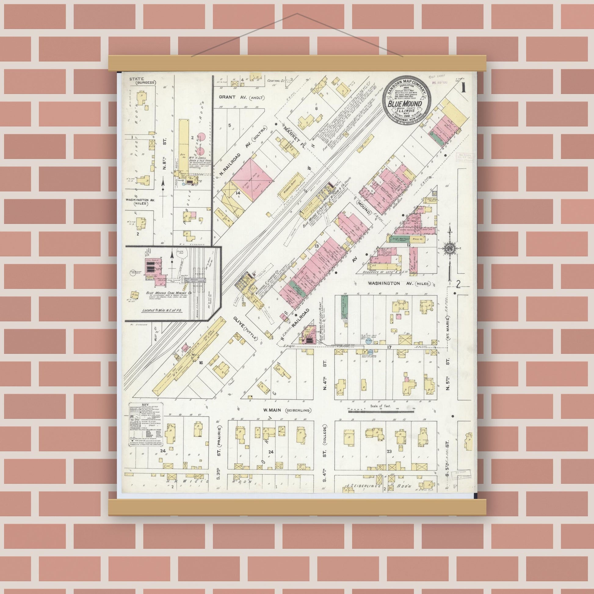 Old map wall art mockup — magnetic wood frame on brick wall — Sanborn Fire Insurance Map from Blue Mound, Macon County, Illinois (1910), Sheet #0001