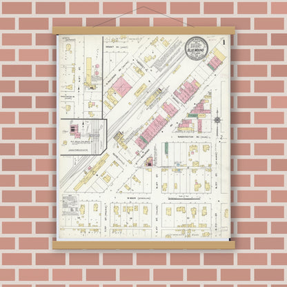 Old map wall art mockup — magnetic wood frame on brick wall — Sanborn Fire Insurance Map from Blue Mound, Macon County, Illinois (1910), Sheet #0001