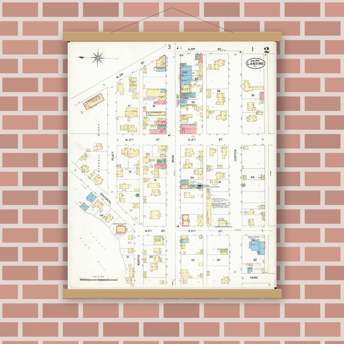 Old map wall art mockup — magnetic wood frame on brick wall — Sanborn Fire Insurance Map from Lansing, Allamakee County, Iowa (1902), Sheet #0002
