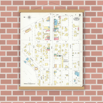 Old map wall art mockup — magnetic wood frame on brick wall — Sanborn Fire Insurance Map from Lansing, Allamakee County, Iowa (1902), Sheet #0002