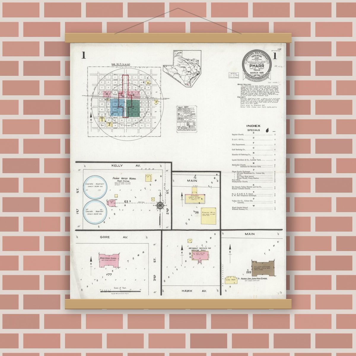 Old map wall art mockup — magnetic wood frame on brick wall — Sanborn Fire Insurance Map from Pharr, Hidalgo County, Texas (1925), Sheet #0001