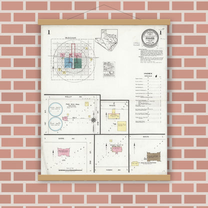 Old map wall art mockup — magnetic wood frame on brick wall — Sanborn Fire Insurance Map from Pharr, Hidalgo County, Texas (1925), Sheet #0001
