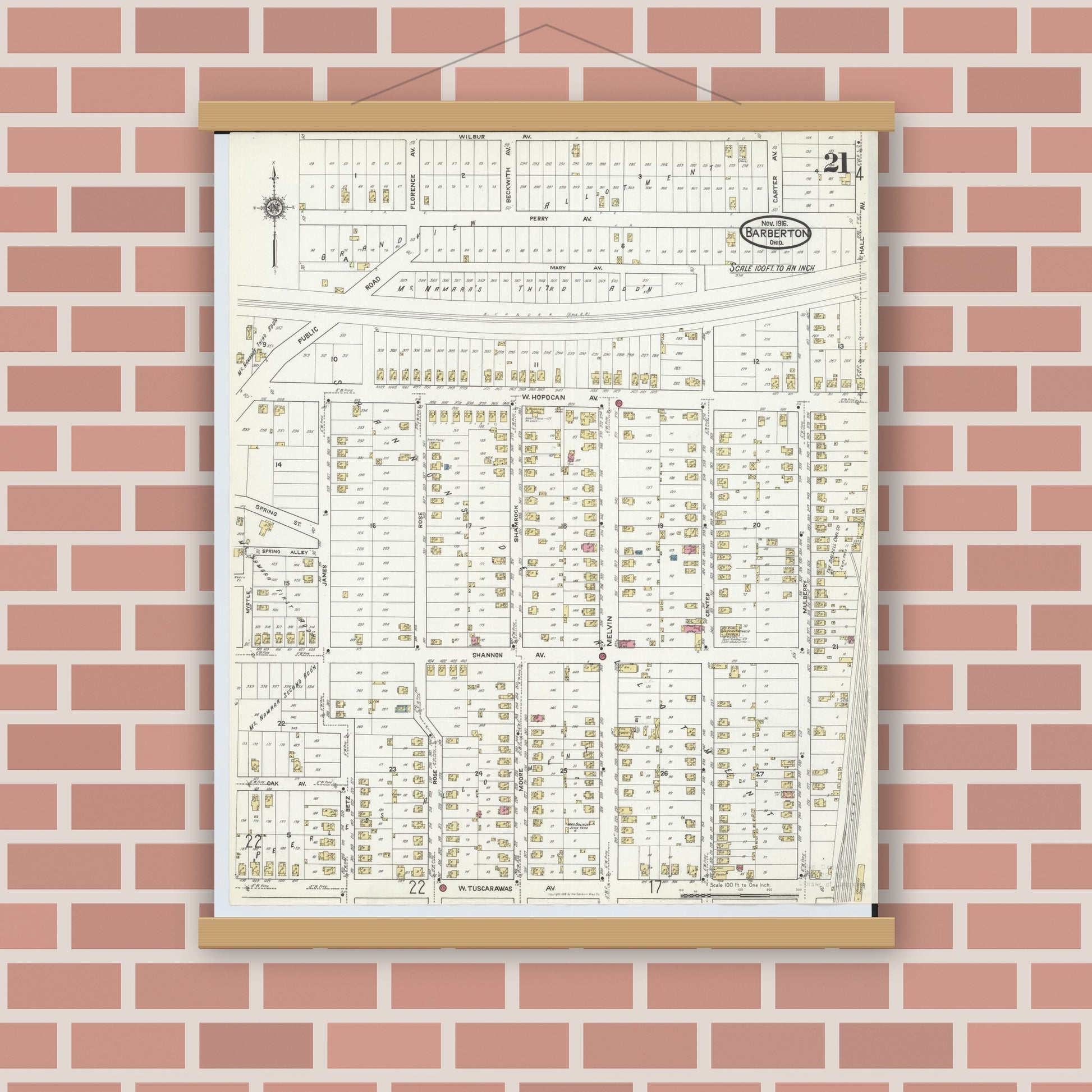Old map wall art mockup — magnetic wood frame on brick wall — Sanborn Fire Insurance Map from Barberton, Summit County, Ohio (1916), Sheet #0021