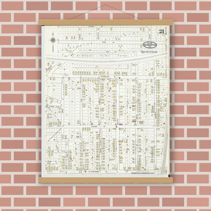 Old map wall art mockup — magnetic wood frame on brick wall — Sanborn Fire Insurance Map from Barberton, Summit County, Ohio (1916), Sheet #0021