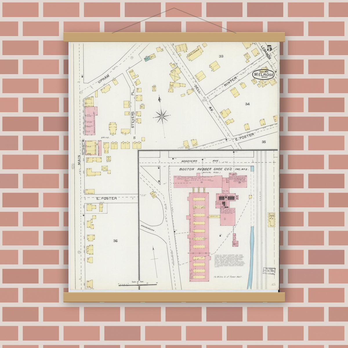 Old map wall art mockup — magnetic wood frame on brick wall — Sanborn Fire Insurance Map from Melrose, Middlesex County, Massachusetts (1892), Sheet #0005