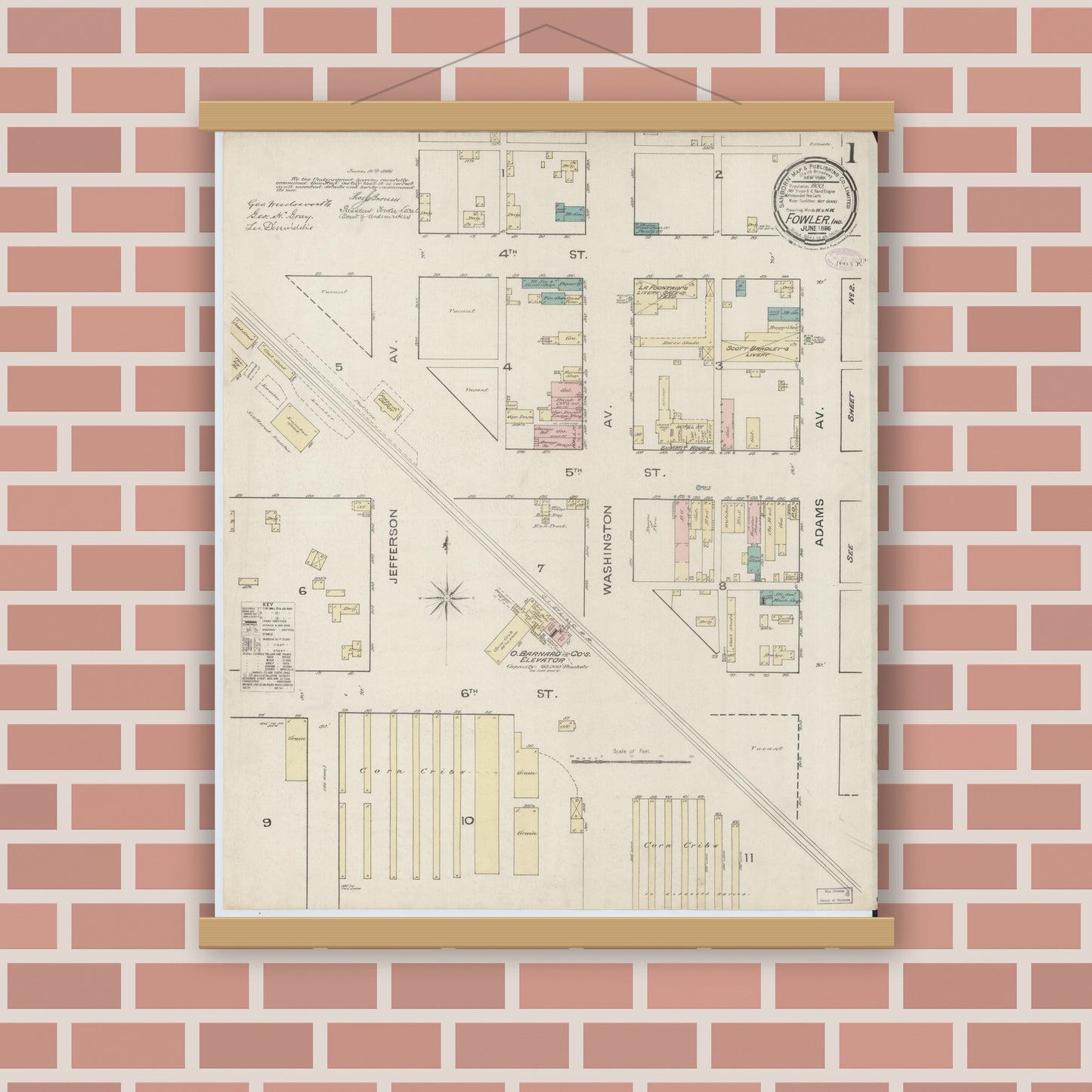 Old map wall art mockup — magnetic wood frame on brick wall — Sanborn Fire Insurance Map from Fowler, Benton County, Indiana (1886) - Complete Map Set