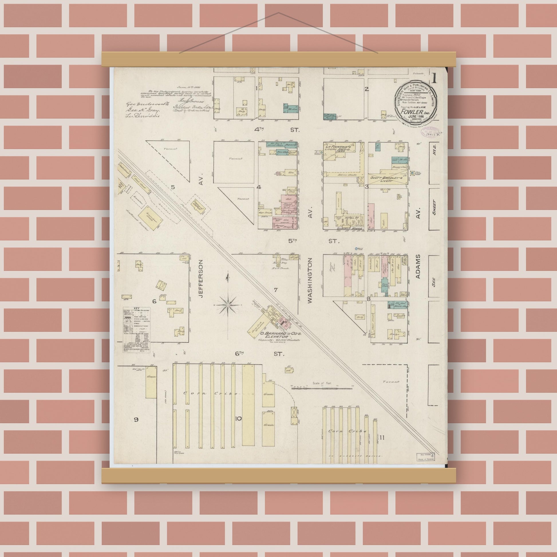 Old map wall art mockup — magnetic wood frame on brick wall — Sanborn Fire Insurance Map from Fowler, Benton County, Indiana (1886) - Complete Map Set