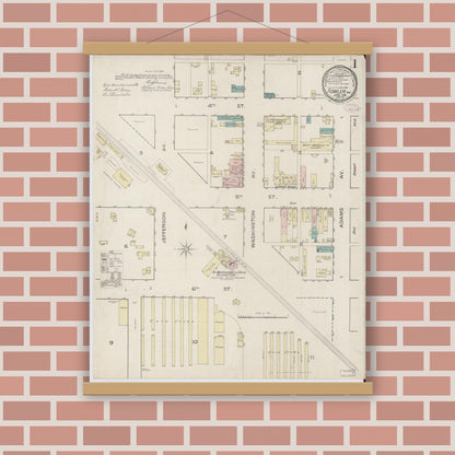 Old map wall art mockup — magnetic wood frame on brick wall — Sanborn Fire Insurance Map from Fowler, Benton County, Indiana (1886) - Complete Map Set