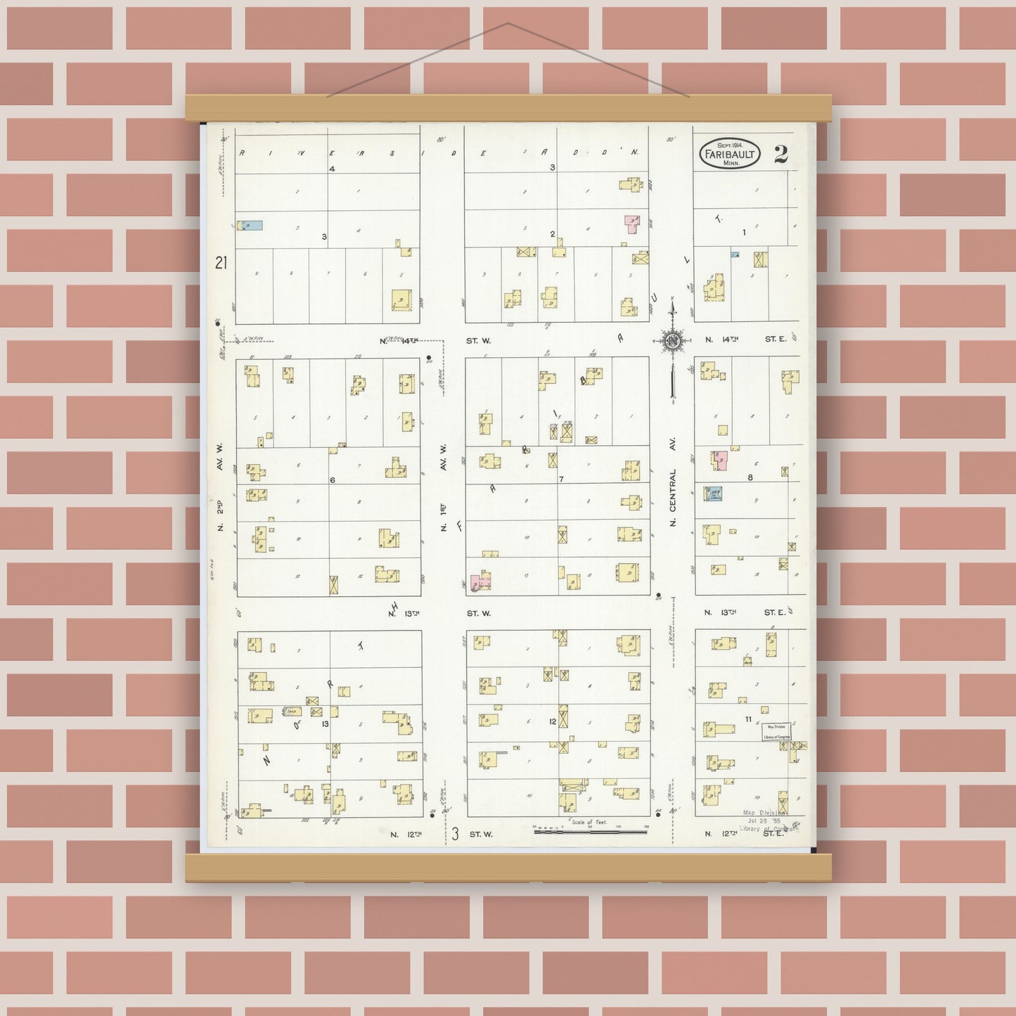 Old map wall art mockup — magnetic wood frame on brick wall — Sanborn Fire Insurance Map from Faribault, Rice County, Minnesota (1914), Sheet #0002