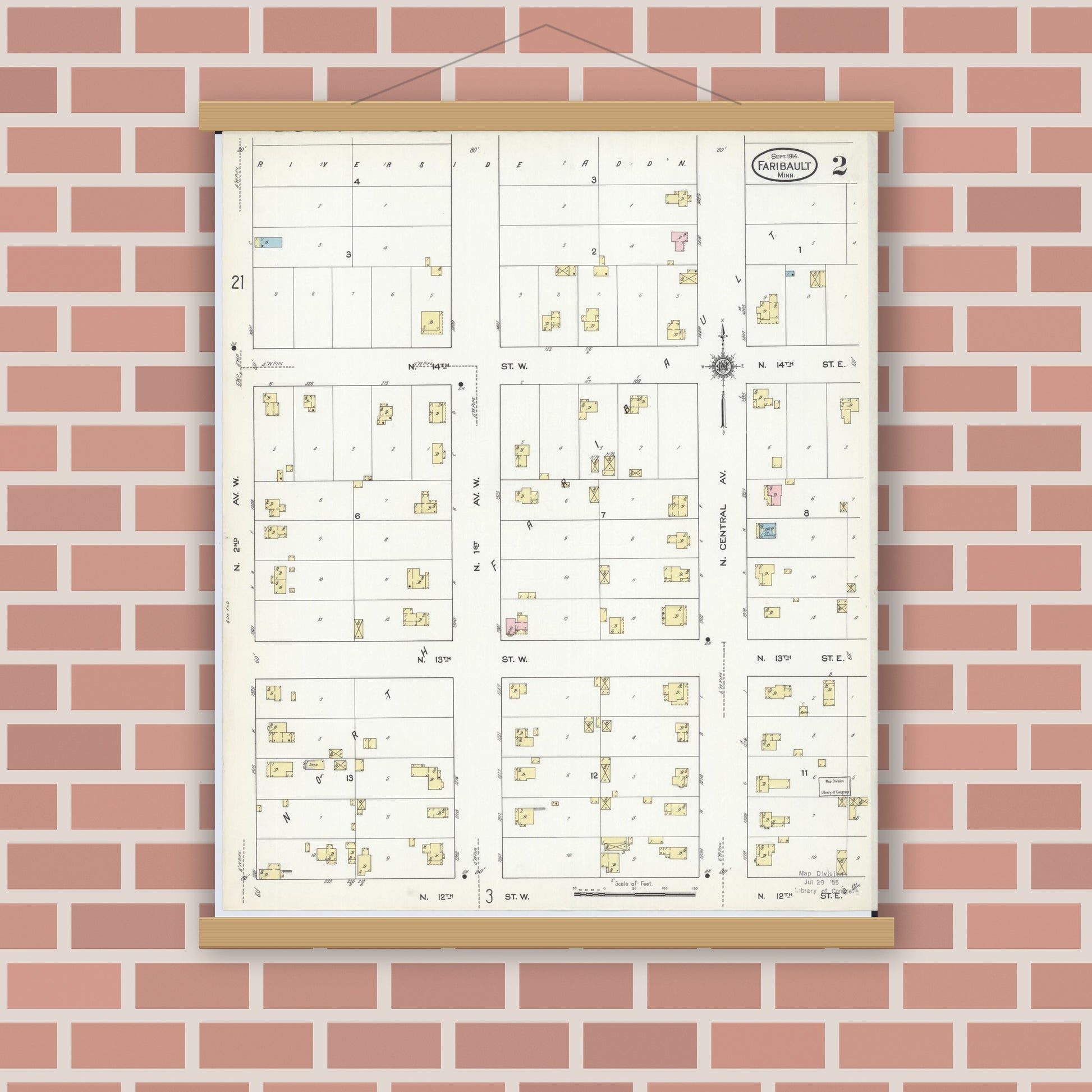 Old map wall art mockup — magnetic wood frame on brick wall — Sanborn Fire Insurance Map from Faribault, Rice County, Minnesota (1914), Sheet #0002