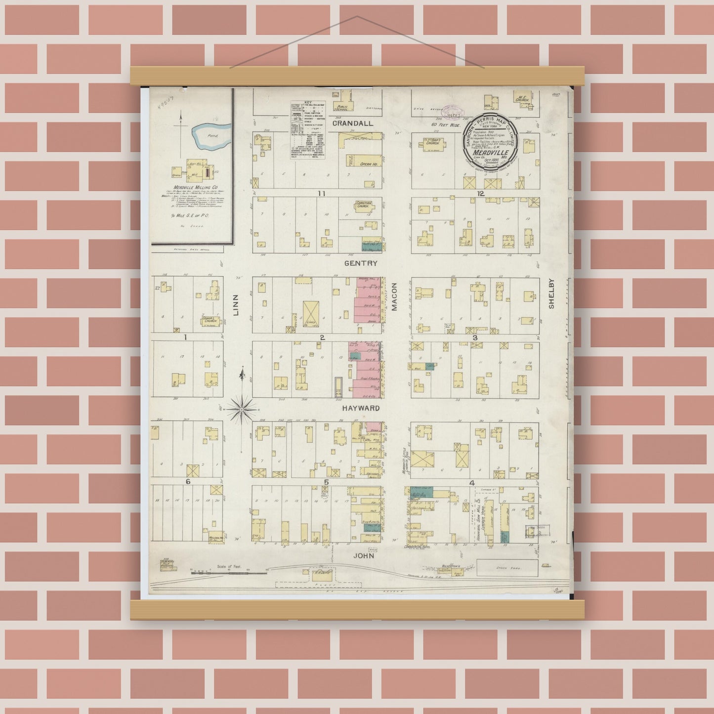 Old map wall art mockup — magnetic wood frame on brick wall — Sanborn Fire Insurance Map from Meadville, Linn County, Missouri (1893), Sheet #0001