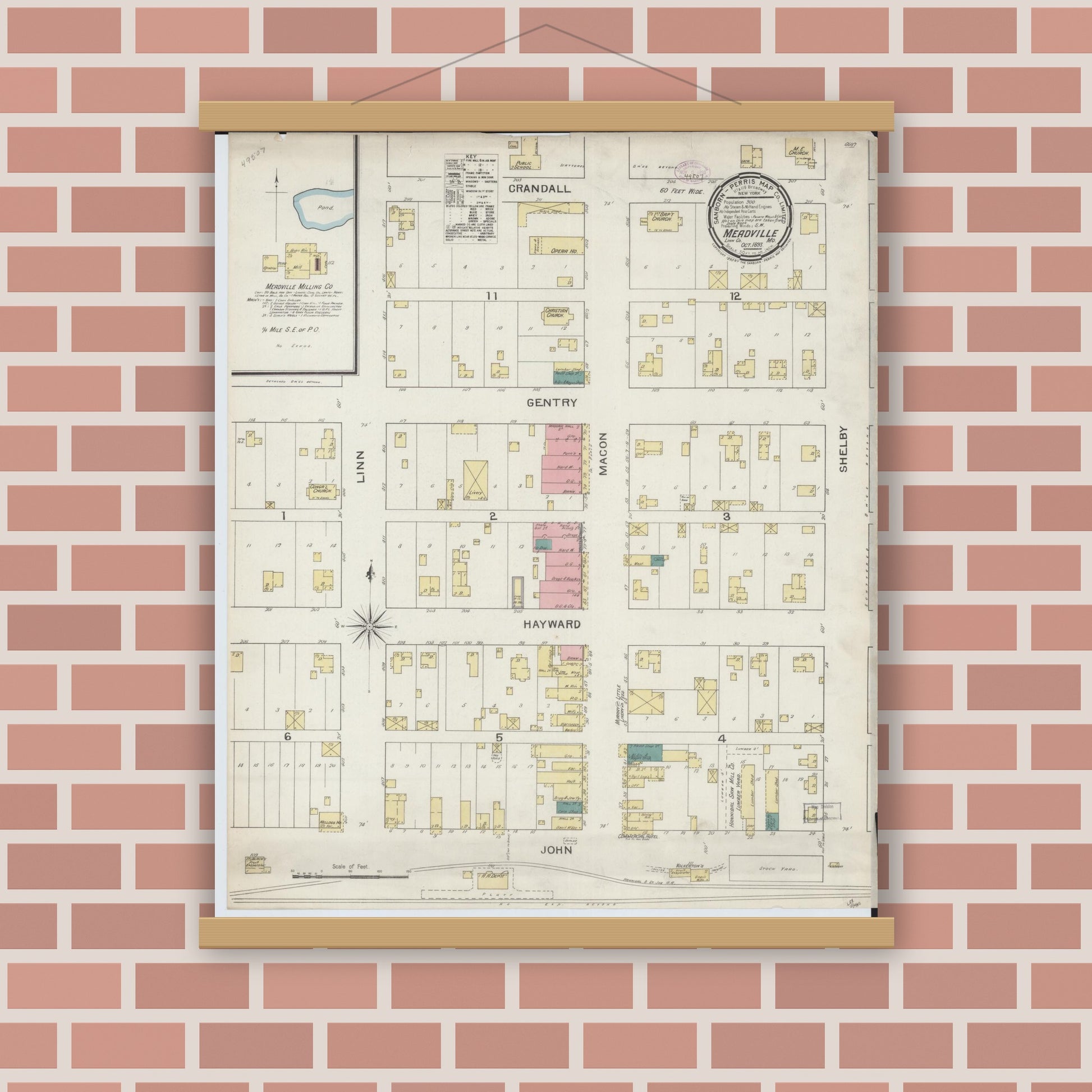 Old map wall art mockup — magnetic wood frame on brick wall — Sanborn Fire Insurance Map from Meadville, Linn County, Missouri (1893), Sheet #0001
