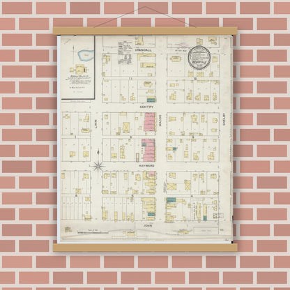 Old map wall art mockup — magnetic wood frame on brick wall — Sanborn Fire Insurance Map from Meadville, Linn County, Missouri (1893), Sheet #0001