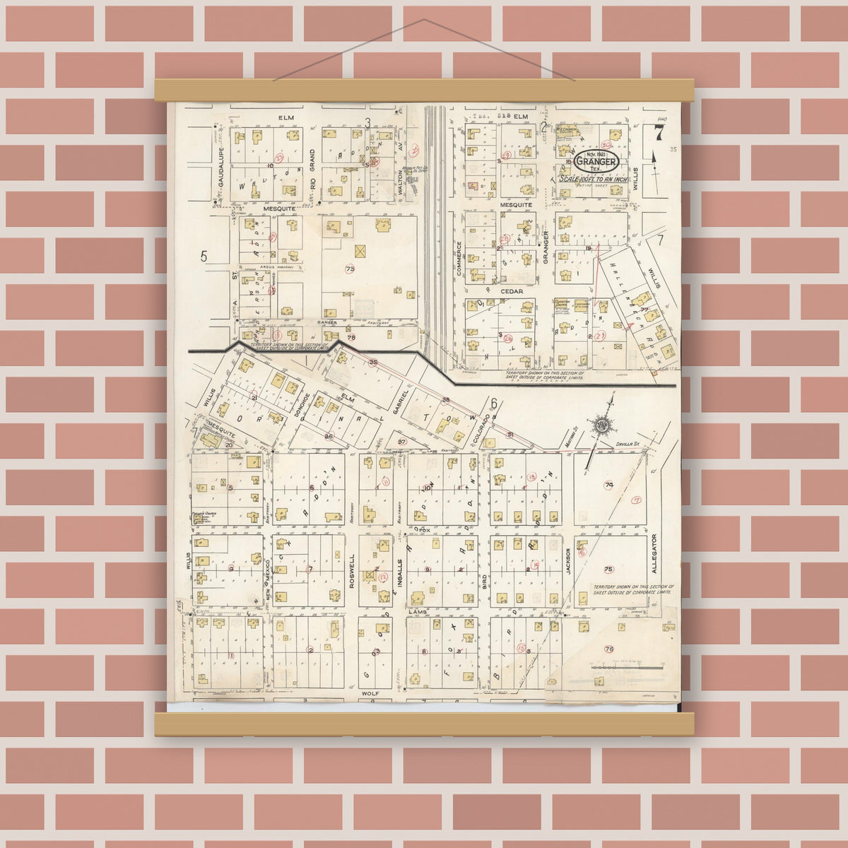 Old map wall art mockup — magnetic wood frame on brick wall — Sanborn Fire Insurance Map from Granger, Williamson County, Texas (1940), Sheet #0007