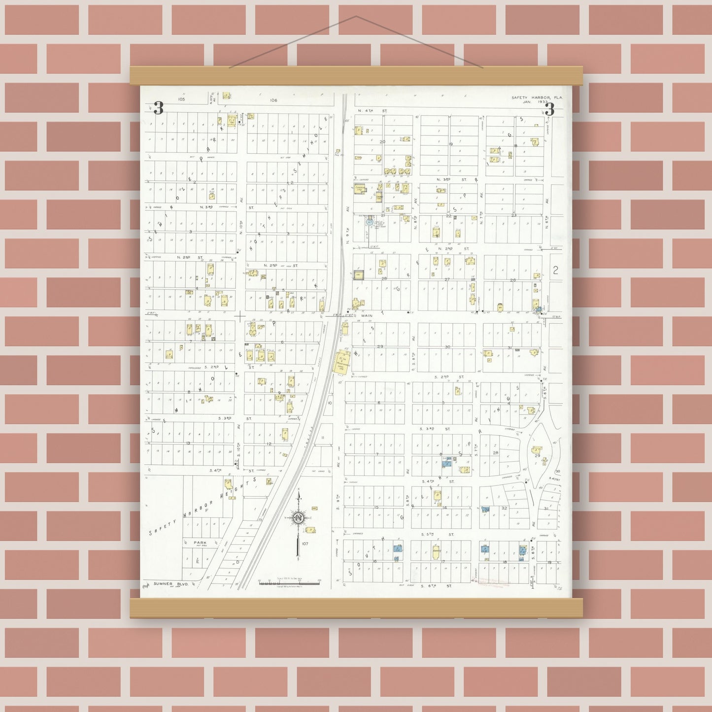 Old map wall art mockup — magnetic wood frame on brick wall — Sanborn Fire Insurance Map from Safety Harbor, Pinellas County, Florida (1933), Sheet #0003