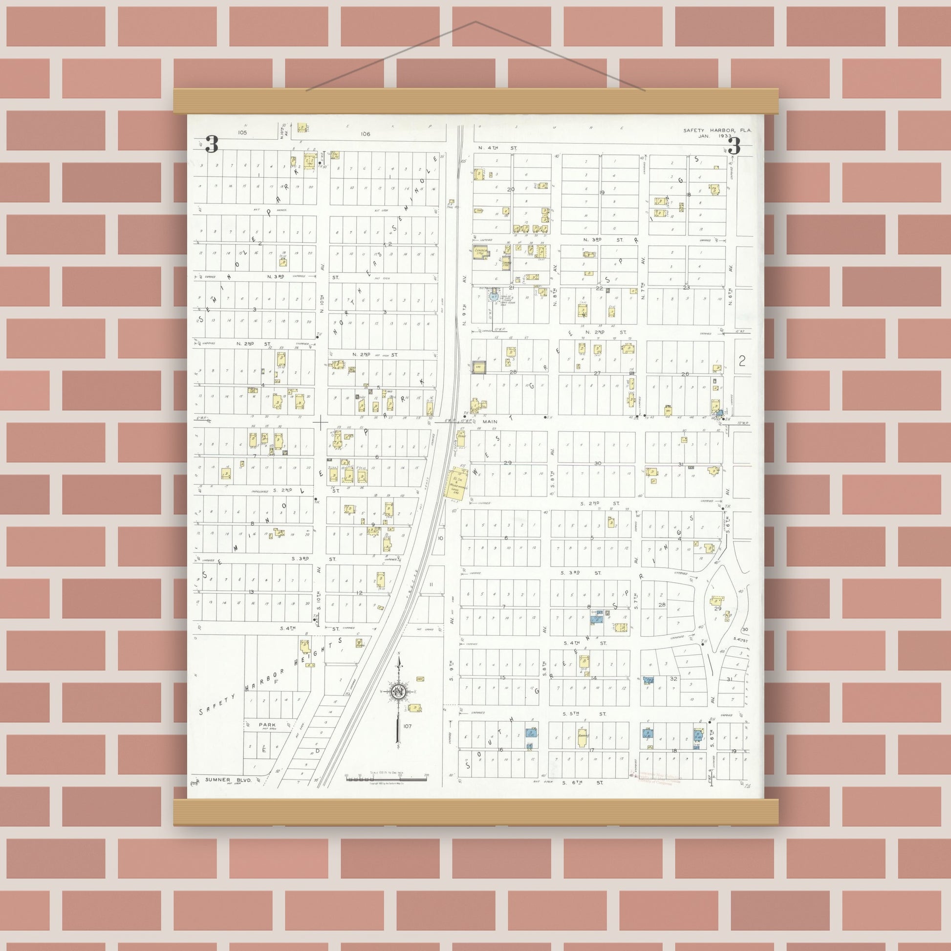 Old map wall art mockup — magnetic wood frame on brick wall — Sanborn Fire Insurance Map from Safety Harbor, Pinellas County, Florida (1933), Sheet #0003