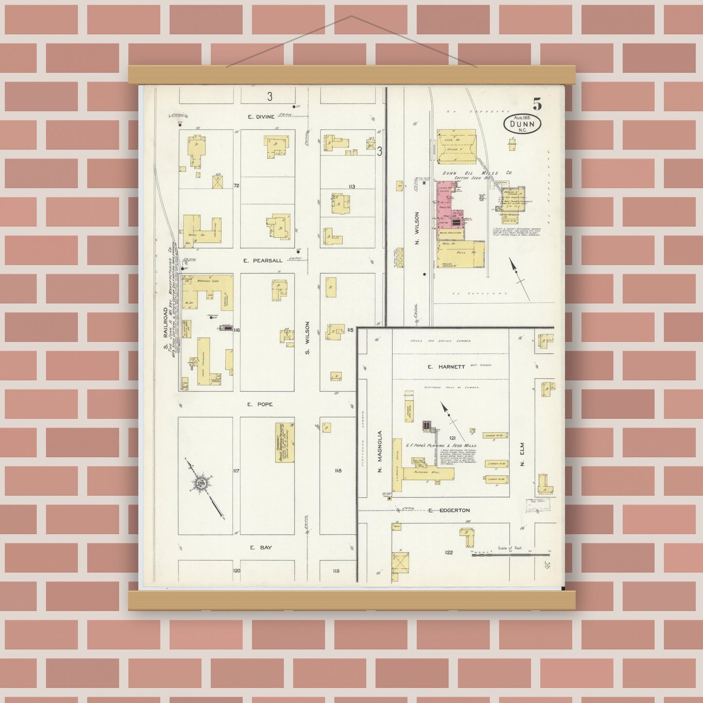 Old map wall art mockup — magnetic wood frame on brick wall — Sanborn Fire Insurance Map from Dunn, Harnett County, North Carolina (1913), Sheet #0005