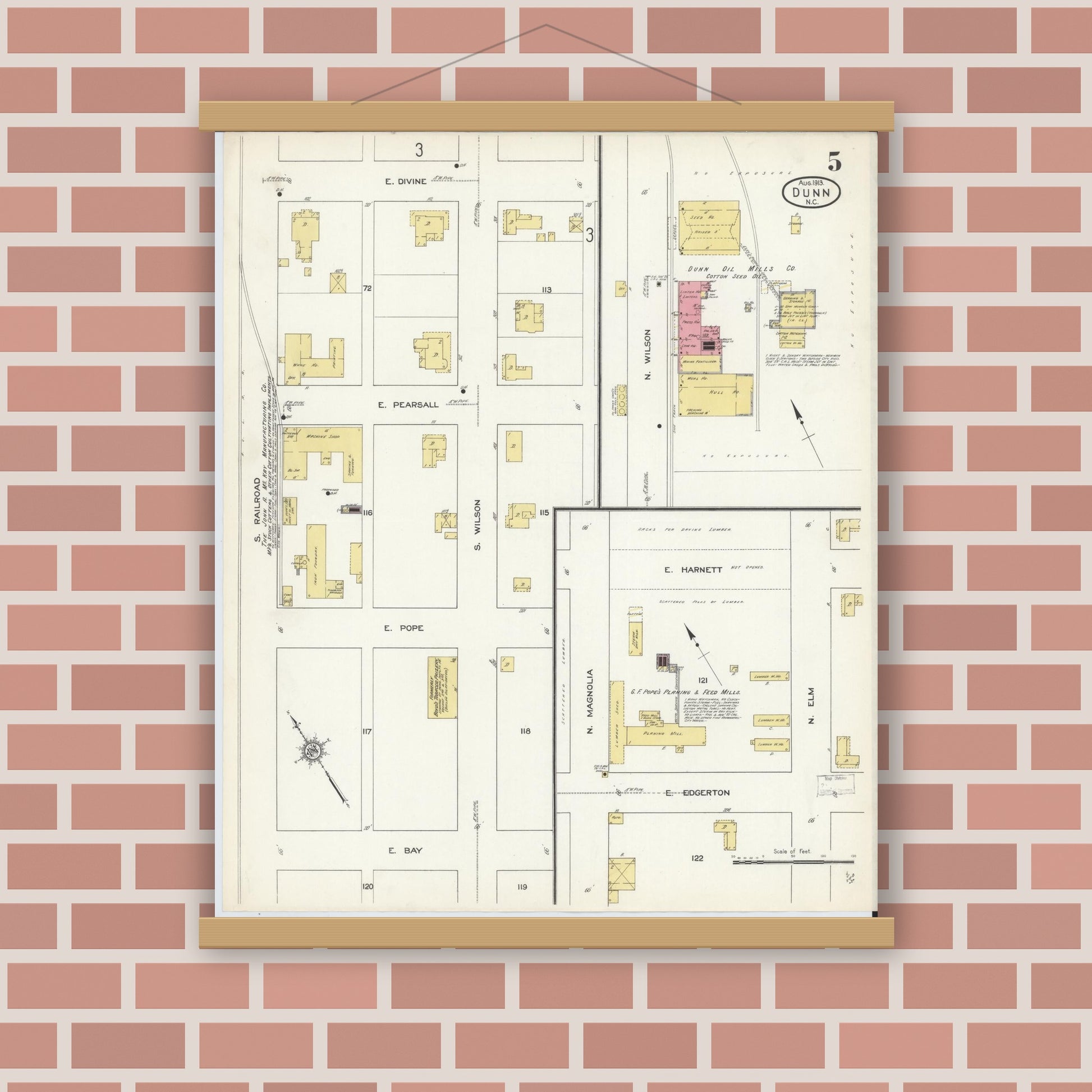 Old map wall art mockup — magnetic wood frame on brick wall — Sanborn Fire Insurance Map from Dunn, Harnett County, North Carolina (1913), Sheet #0005