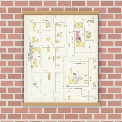 Old map wall art mockup — magnetic wood frame on brick wall — Sanborn Fire Insurance Map from Dunn, Harnett County, North Carolina (1913), Sheet #0005
