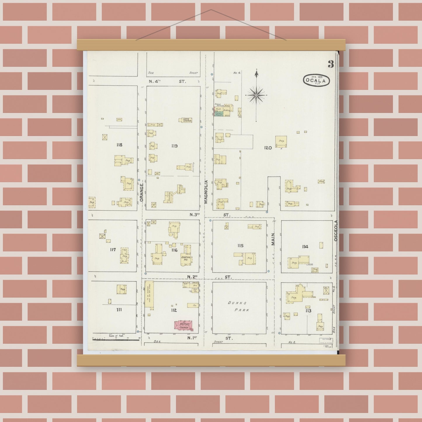 Old map wall art mockup — magnetic wood frame on brick wall — Sanborn Fire Insurance Map from Ocala, Marion County, Florida (1891), Sheet #0003