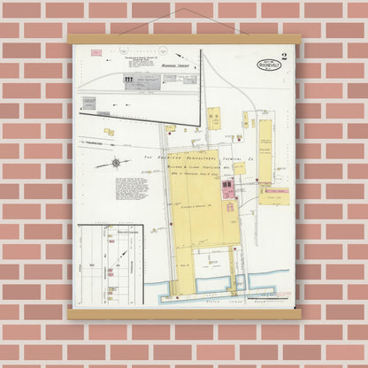 Old map wall art mockup — magnetic wood frame on brick wall — Sanborn Fire Insurance Map from Roosevelt, Middlesex County, New Jersey (1916), Sheet #0002