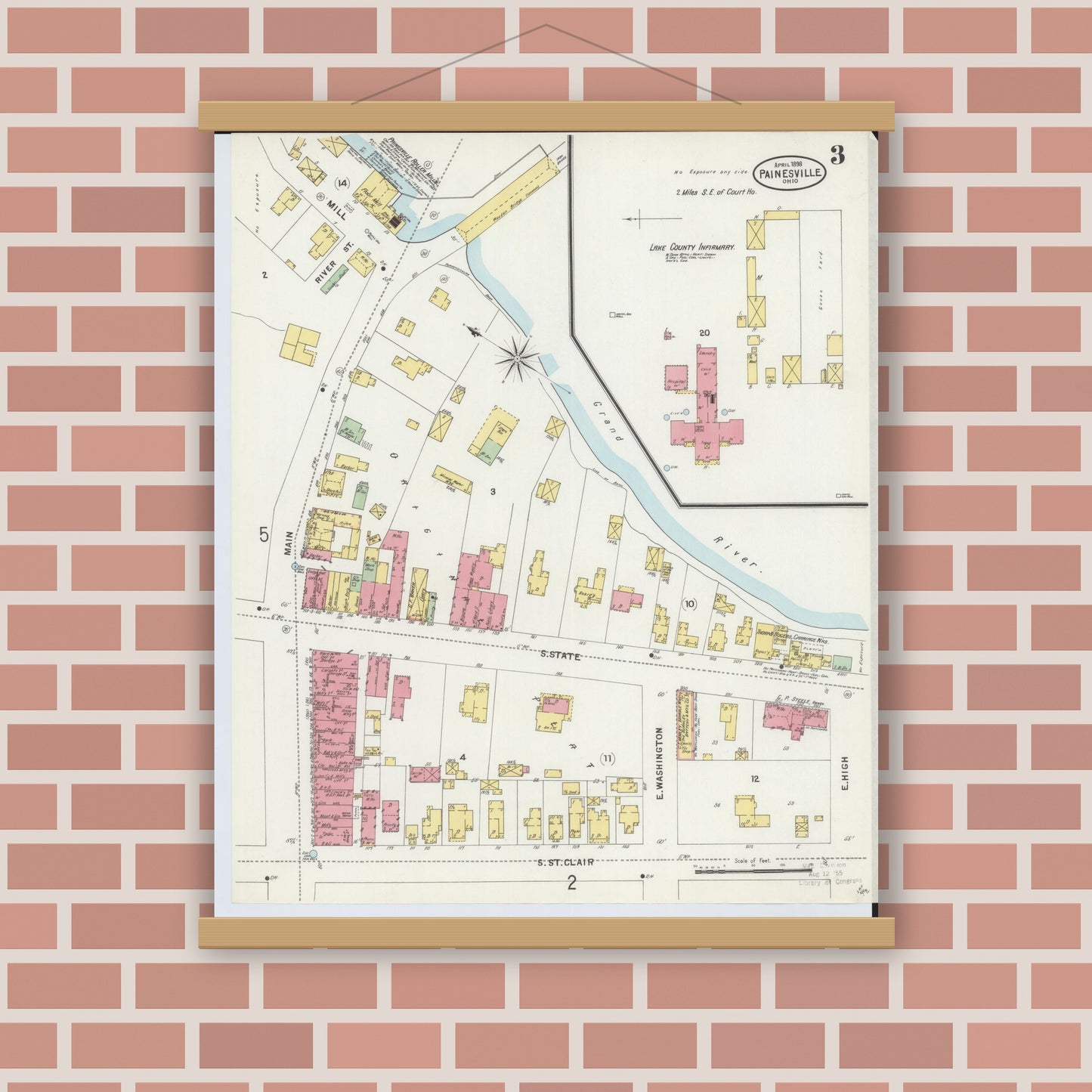 Old map wall art mockup — magnetic wood frame on brick wall — Sanborn Fire Insurance Map from Painesville, Lake County, Ohio (1898), Sheet #0003