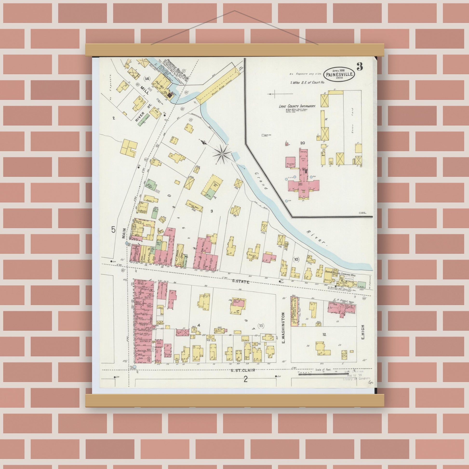 Old map wall art mockup — magnetic wood frame on brick wall — Sanborn Fire Insurance Map from Painesville, Lake County, Ohio (1898), Sheet #0003