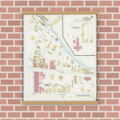 Old map wall art mockup — magnetic wood frame on brick wall — Sanborn Fire Insurance Map from Painesville, Lake County, Ohio (1898), Sheet #0003