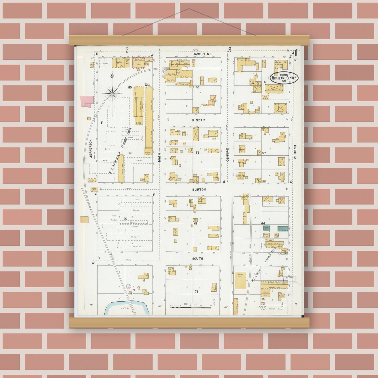 Old map wall art mockup — magnetic wood frame on brick wall — Sanborn Fire Insurance Map from Richland Center, Richland County, Wisconsin (1899), Sheet #0004
