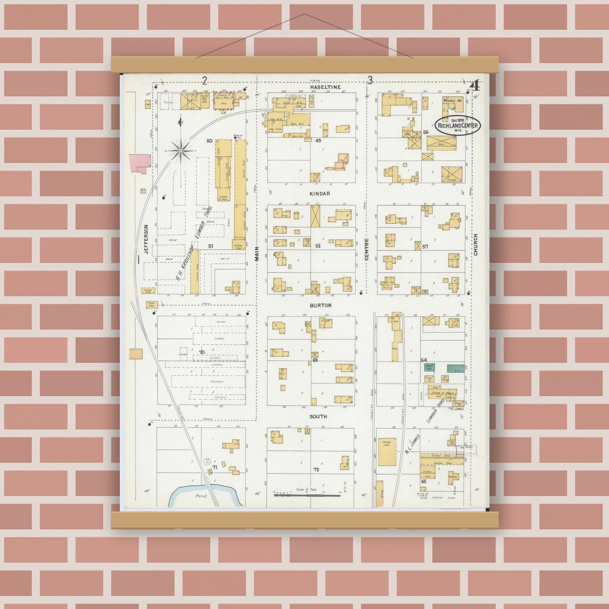 Old map wall art mockup — magnetic wood frame on brick wall — Sanborn Fire Insurance Map from Richland Center, Richland County, Wisconsin (1899), Sheet #0004